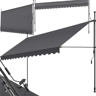 Two gray awnings are shown against a white background. One awning is extended and angled downwards, supported by poles. The other awning is retracted and positioned above and behind the first.