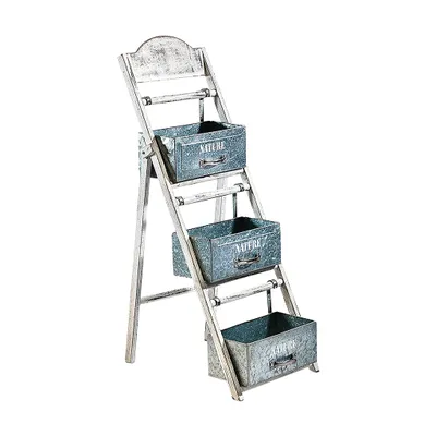 Produktbild von Kobolo Blumenleiter Blumentreppe - drei Etagen Schubladen klappbar - Vintage - Weiß Grau - Pflanzen Dekoleiter Bücher Wohnzimmer Living Room Home Deco