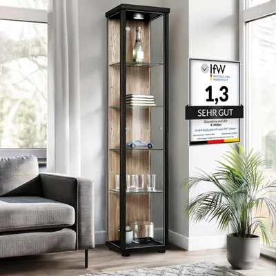 Produktbild von K-Möbel Glasvitrine Stehend (176x37x33cm) -  Germany - Vitrinenschrank Schwarz / Sonoma Eiche mit 4 höhenverstellbaren Glasböden & LED