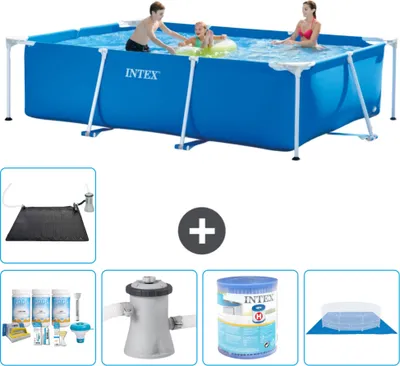 Produktbild von Intex-Schwimmbecken mit rechteckigem Rahmen – 300 x 200 x 75 cm – Blau – im Lieferumfang enthalten Wartungspaket - Filterpumpe für Schwimmbad - Filter - Bodenplane - Solarmatte