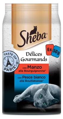Productafbeelding van SHEBA Délices Gourmands, vers pakket, 6 x 50 gram, 12 stuks – "Taste of Paris" – Rundvlees & witte vis (MSC-gecertificeerd)