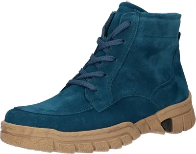 A single teal lace-up boot with a tan sole is shown against a white background.