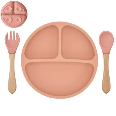 Produktbild von Babyteller Kinderteller mit Saugnapf Teller mit Löffel Gabel Silikon BPA Frei, Farbe:Orange