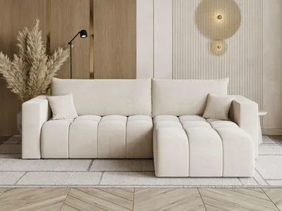 Produktbild von GrainGold Ecksofa L-Form Neva - Ecksofa mit Schlaffunktion, Bettkasten - Moderne Ecksofa, Wohnzimmer Sofa - Eckcouch mit Velvet-Stoff - Beige (Castel 15)