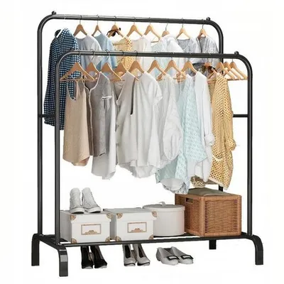 Obrázek produktu pro Dvojitý stojan na oblečení 150 cm, kovový loftový věšák, černý