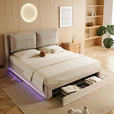 Produktbild von LED-Polsterbett 180x200 mit hydraulischem Stauraum, 2-in-1 Stauraumschubladen, mit LED-Lichtleisten, Lattenrost, Samt, Beige (ohne Matratze)