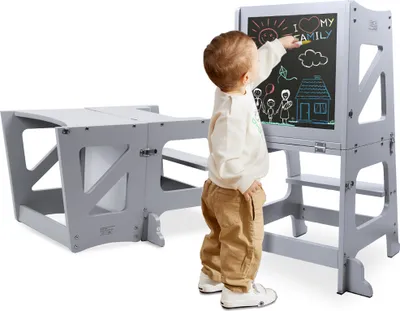 Produktbild von YOLEO baby Lernturm, Kinderhocker mit Brett, höhenverstellbarer Montessori Lernturm für Kindern ab 2 Jahr (Grau)