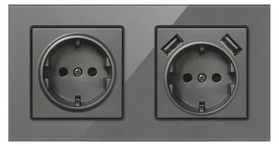 Obrázok produktu pre Dvojitá stenová zásuvka s 2 USB portmi a skleneným panelom Techstar® TS-G, 110-250V, 16A, ťažko horľavá, 80x151mm, sivá