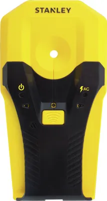 A yellow and black Stanley material detector is shown against a white background.