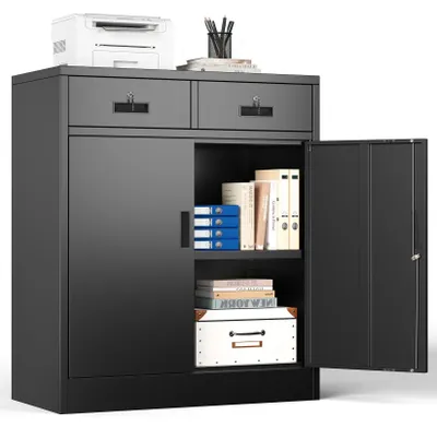 Produktbild von Archivschrank mit 2 Schubladen - Büroschrank - Metall - Abschließbar - Verstellbares Regal - 90 x 80 x 40 cm