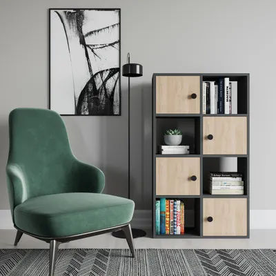 Image de Bibliothèque Decorotika Tasso, avec rangements fermés et ouverts, hauteur 124,5 cm | Anthracite et chêne clair