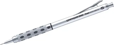 A silver mechanical pencil with a textured grip is shown against a white background.