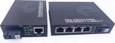 Produktbild von Elfcam - 2er-Set Glasfaser-Ethernet-Konverter - SC Monomode, 1x SFP-Port + 4x RJ45-Ports, bis zu 20 km, SFP-Modul enthalten