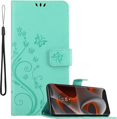 Immagine prodotto di Cadorabo cover per Motorola Moto Edge 50 Pro cover in FLORAL TURQUOISE cover protettiva in design floreale con chiusura magnetica, funzione stand e slot per carte Book Case Cover