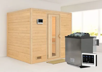 Produktbild von Karibu Sauna Innensauna Sonara Fronteinstieg Ofen 9 kW  externe Strg easy 231x195x200 cm ohne Dachkranz mit Energiespartür