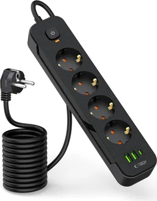 Immagine prodotto di Tech-Protect Pcl4X3 Striscia di alimentazione lunga 2 Usb e 1 Type-C e 4 prese 200Cm Nero