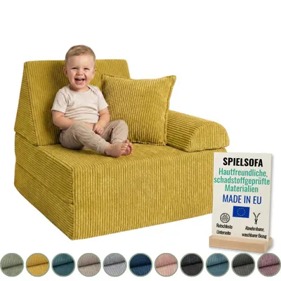 Produktbild von Pillows24 – Spielsofa für Kinder aus Cordstoff | Kindersessel mit waschbarem Bezug | Kindersofa für Spielzimmer – Hergestellt in der EU, Gelb