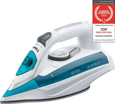 A white and teal steam iron is shown against a white background, with a promotional badge in the top right corner.
