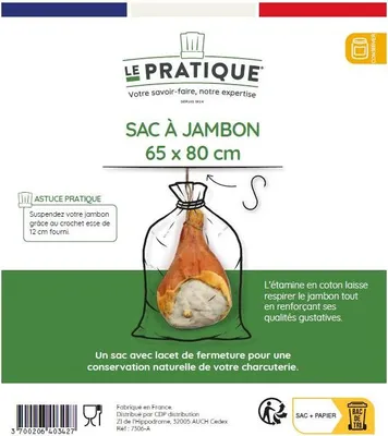 Image de 10 Sac A Jambon + Crochet S 120 Mm Etamine Coton écru 65 X 80 Cm - Le Pratique