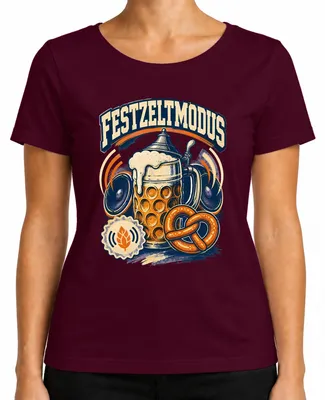 Productafbeelding van tentmodus, bierkruik, traditioneel kledingstuk, lederen broek, dames T-shirt, bordeauxrood, maat XXL