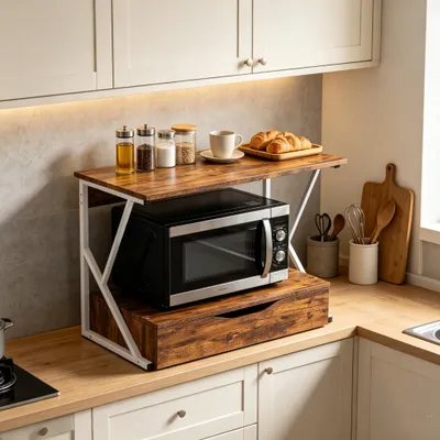 Produktbild von Mikrowellenregal mit Schubladen,Küchenregal stehend,Bäckerregal aus Holz & Metallrahmen,Küchenutensilien für Arbeitsplatte 54x35x50cm Braun