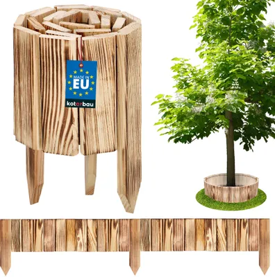 A display of wooden garden edging products, including a tree ring and a long border, with a tree in the background.