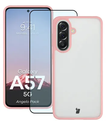 Produktbild von Schutzhülle + gehärtetem Glas für Galaxy A57 5G, Bizon Angelo Pack, Semitransparent mit hellrosem Rahmen
