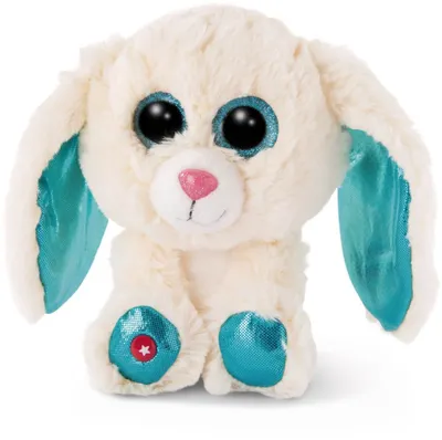A plush toy rabbit with large, glittery blue eyes and teal accents on its ears and feet.