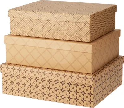Productafbeelding van Drie stuks cadeauverpakkingen, beige van kleur met zwarte decoratie