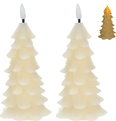Produktbild von LED Echtwachskerze Tannenbaum 2er Set creme 7,5x16x6x7,6cm Flackerfunktion Timerfunktion batteriebetrieben Weihnachtsbaum