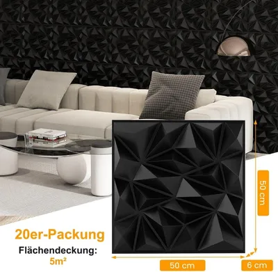 Image de Panneaux muraux 3D, motif losanges, noir, couverture de 10 m²