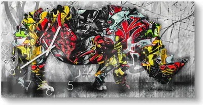 Produktbild von DEQOART Glasuhr 60x30 cm Zahlen 'Graffiti-Nashorn' Wanduhr Glas Uhr Design leise Küchenuhr
