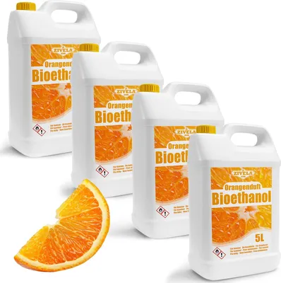 Produktbild von Bioethanol 96,6% 20L | Alkohol Orangeduft 96,6% 4x5L | Bioethanol für Kamin, Tischkamin, Bioethanol Kamin | Bioethanol Orangeduft | Saubere Verbrennung, ohne Rauch, lebendige und stabile Flamme