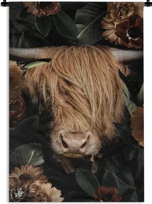 Produktbild von MuchoWow® Wandteppich Wandbehang Scottish Highlander - Pflanzen - Blumen 90x135 cm Tapisserie Dekoration Wandtuch - Baumwolle - Wandskulptur