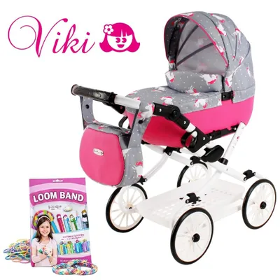 Imagen del producto de Cochecito para muñecas plegable, modelo Adbor Viki, color gris con estampado de unicornios y rosas, incluye bolsa y cesta