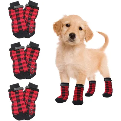 Produktbild von 3er Set rutschfeste Hundesocken, weich und bequem, schützen die Pfoten, mit verstellbarem Klettverschluss, ideal für den Innenbereich (Rot, Größe L)
