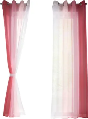 Two sets of curtains hanging against a white background. The left set is tied back with a fabric band, showing a gradient from dark pink to white. The right set is fully extended, revealing a sheer white curtain with a subtle pattern behind a solid pink ou