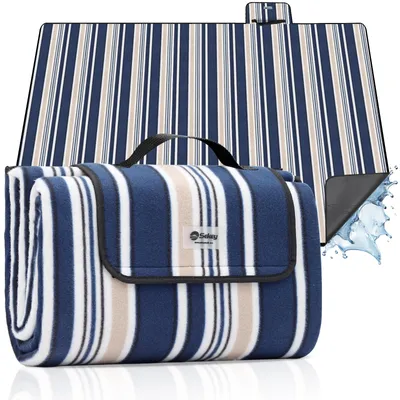 Produktbild von Sekey 200x300 cm Picknickdecke Campingdecke XXL Strand Picknickdecke Wasserdicht mit Tragegriff, Blau-weiß gestreift