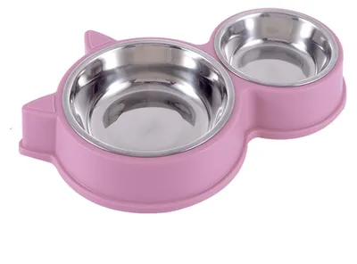 Produktbild von Doppelnapf aus Edelstahl in Katzenohrgröße, kippsicher, rosa