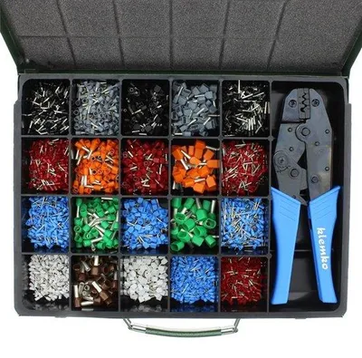 Imagen del producto de Juego de terminales aislados para cables, en estuche metálico, con alicates, de 12 piezas