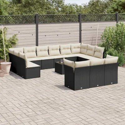 Produktbild von Design 14-tlg. Garten-Sofagarnitur mit Kissen Schwarz Poly Rattan, Gartenmöbel-Sets 2024 Neu
