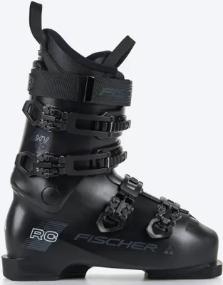 A black ski boot shown from the side against a white background.