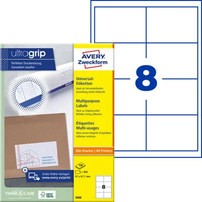 Produktbild von Avery Zweckform 3660, Universal-Etiketten, A4, Qualitätsdruck mit: ultragrip, 97 x 67,7 mm, 800 Etiketten / 100 Bögen, weiß