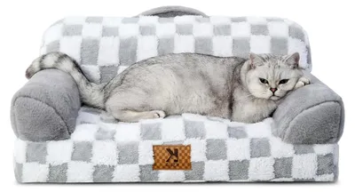Produktbild von Orthopädisches Katzenbett Flauschig 66x37cm, Abnehmbares Katzensofa Waschbar, Hundesofa für Kleine Hunde mit Rutschfester Unterseite, Hundecouch mit Rückenlehne und Armlehnen, Grau