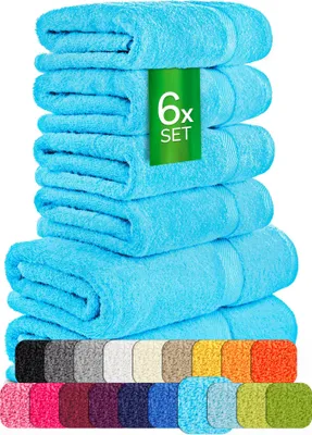 A stack of folded turquoise towels with a green tag indicating "6x SET". Below the towels, a row of various colored squares representing different towel color options.