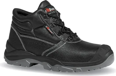 A black U-Power safety boot with a gray sole is shown against a white background.