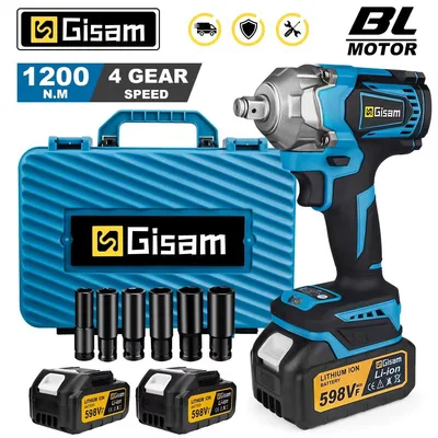 Produktbild von Gisam Akku-Schlagschrauber 1/2 Zoll, 1200 Nm, 18V, bürstenlos, mit 2 Akkus und Ladegerät, kompatibel mit Makita 18V-Akkus