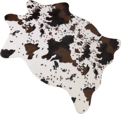 A cowhide rug on a white background.