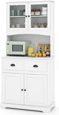 Immagine prodotto di KOMFOTTEU Mobiletto da cucina alto, 170 cm, mobiletto con ante in vetro temperato, credenza con 3 ripiani regolabili e 2 cassetti, ideale per soggiorno o sala da pranzo, dimensioni 80 x 40 x 170 cm, colore bianco
