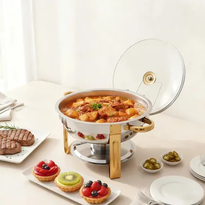 Produktbild von Buffetwärmer 5 l - Runder Chafing Dish - Edelstahl - Speisenwärmer Set - Für Restaurant Catering Hotel